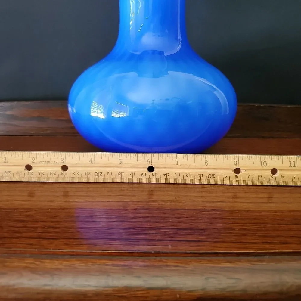 Vintage Lavorazione Arte Italian Murano Blue Blown Ruffled Top Vase